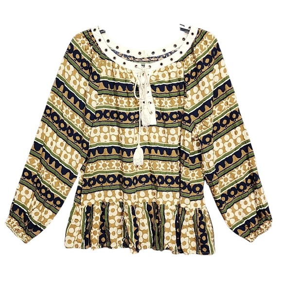 entro Tops - Entro Boho Peasant Top Blouse Small Tan Cream Blue Long Sleeve Peplum Trim